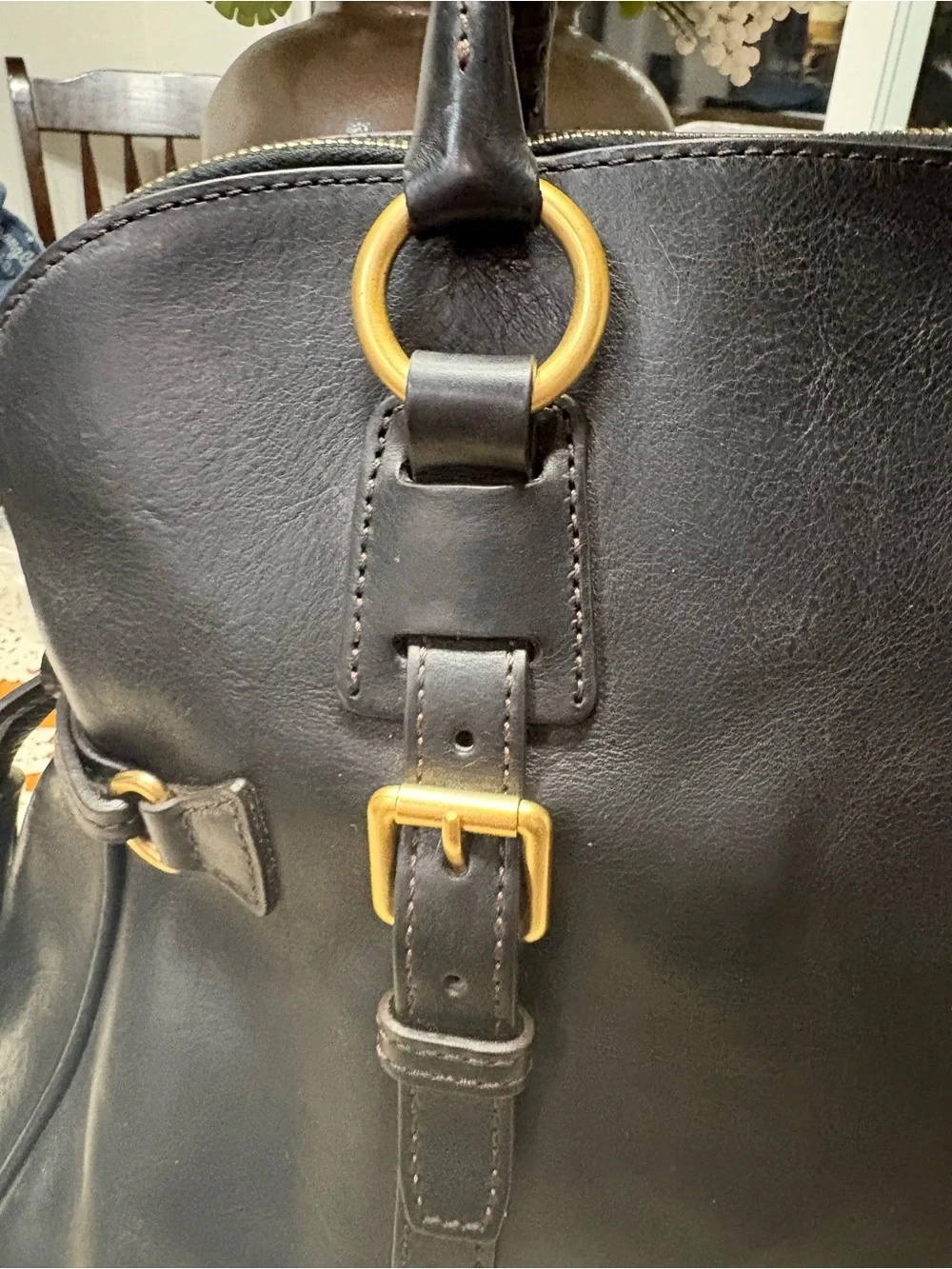 Dooney & Bourke Large Black Florentine Leather Satchel Tassel Bag Gold Hardware